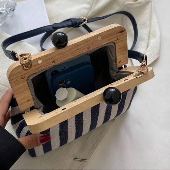 Striped crossbody bag shoulder striped handbag purse wood magnetic clutch canvas - Picture 8 of 10